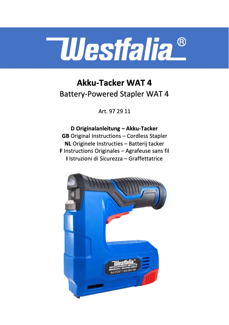 Page n°1 - Manuel utilisateur Westfalia WAT4