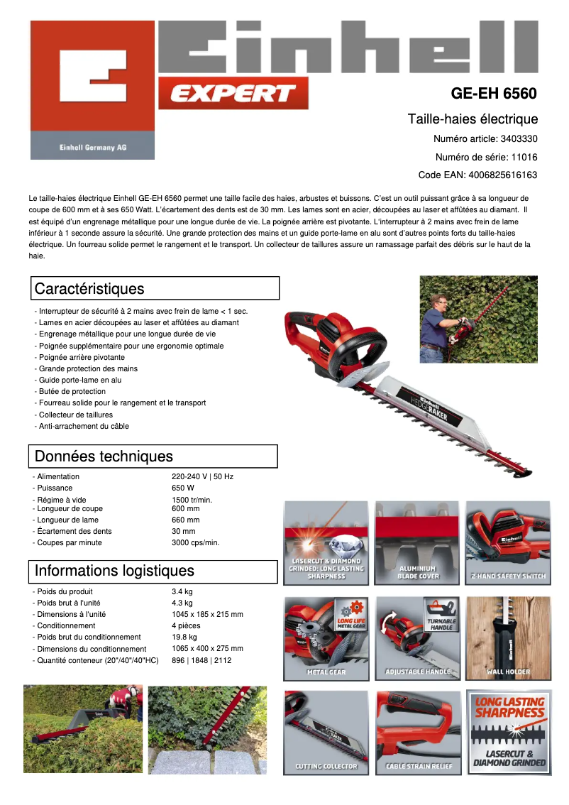 Page n°1 - Fiche technique Einhell GE-EH 6560