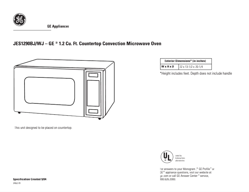 Page 1 de la notice Fiche technique GE JES1290BJ