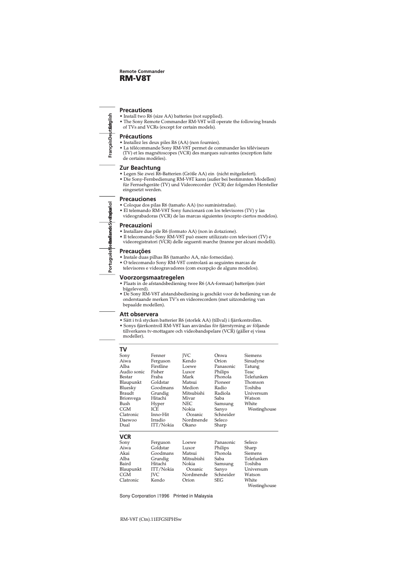 Page n°1 - Manuel utilisateur Sony RM-V8T