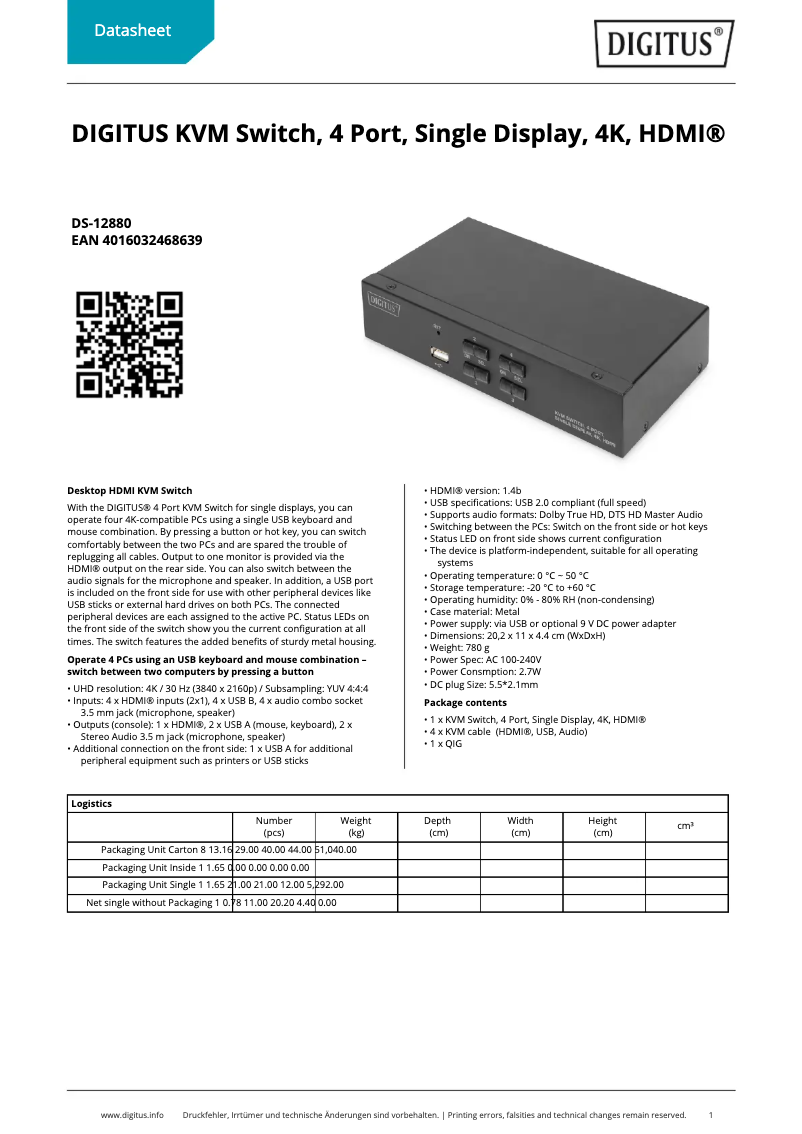 Page 1 de la notice Fiche technique Digitus DS-12880