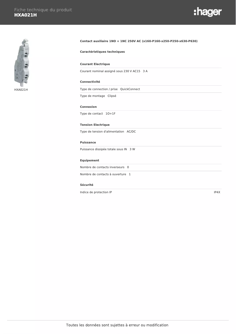 Image de la première page du manuel de l'appareil HXA021H