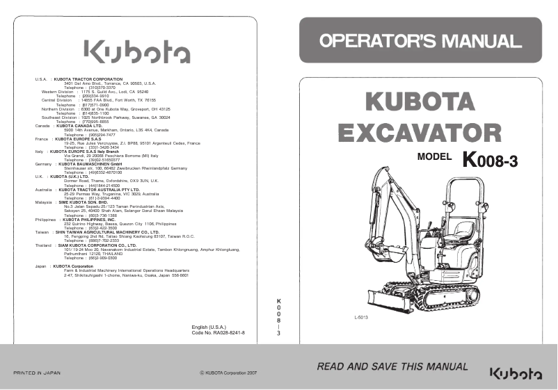 Page 1 de la notice Manuel utilisateur Kubota K008-3