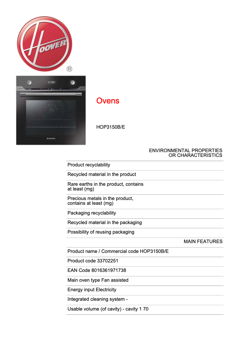 Page n°1 - Fiche technique Hoover HOP3150B/E
