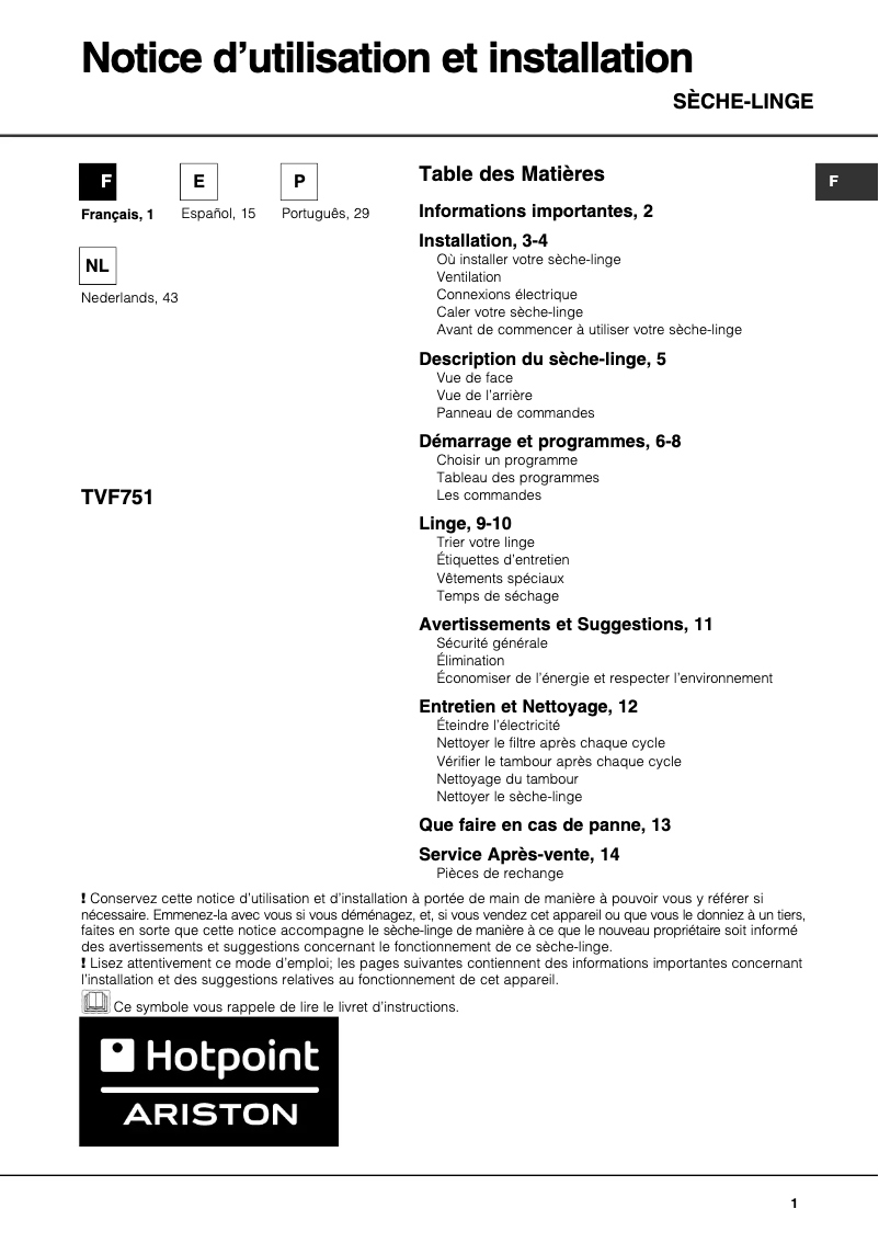 Page n°1 - Manuel utilisateur Hotpoint Ariston TVF 751 (EU)
