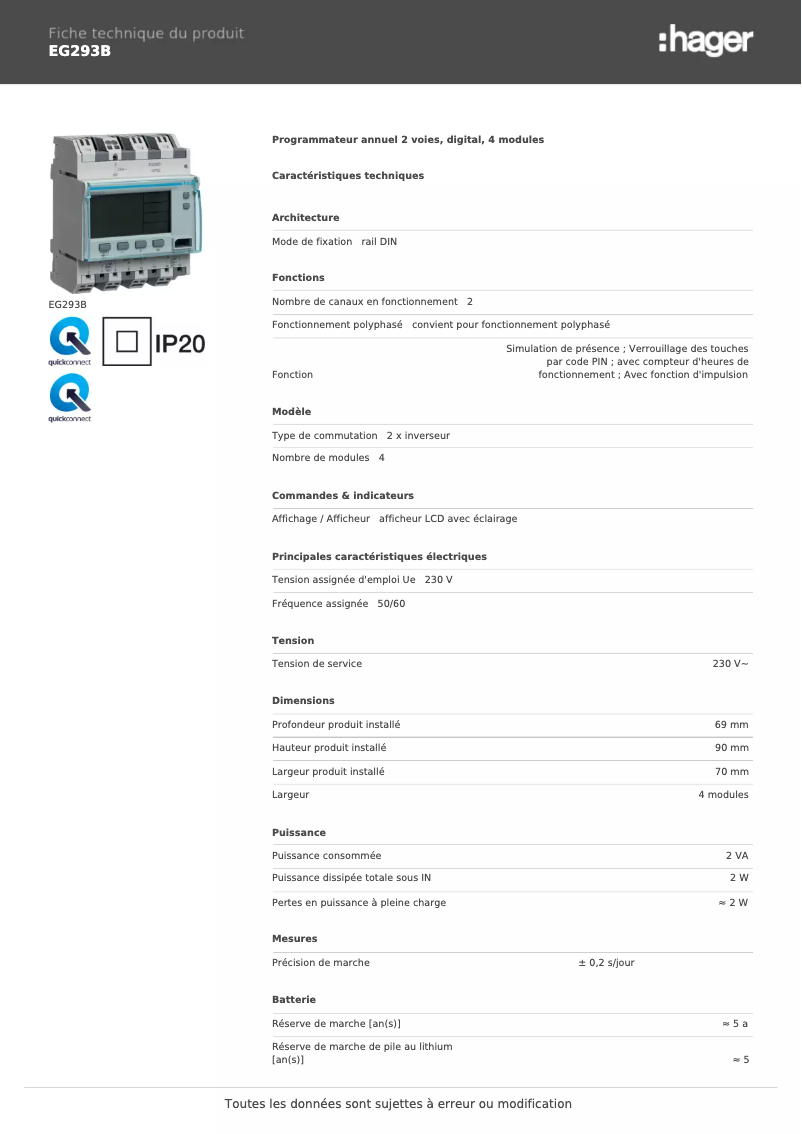Page n°1 - Fiche technique Hager EG293B