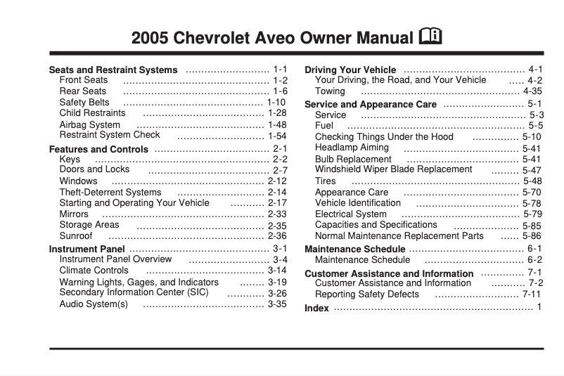 Page 1 de la notice Manuel utilisateur Chevrolet Aveo (2005)
