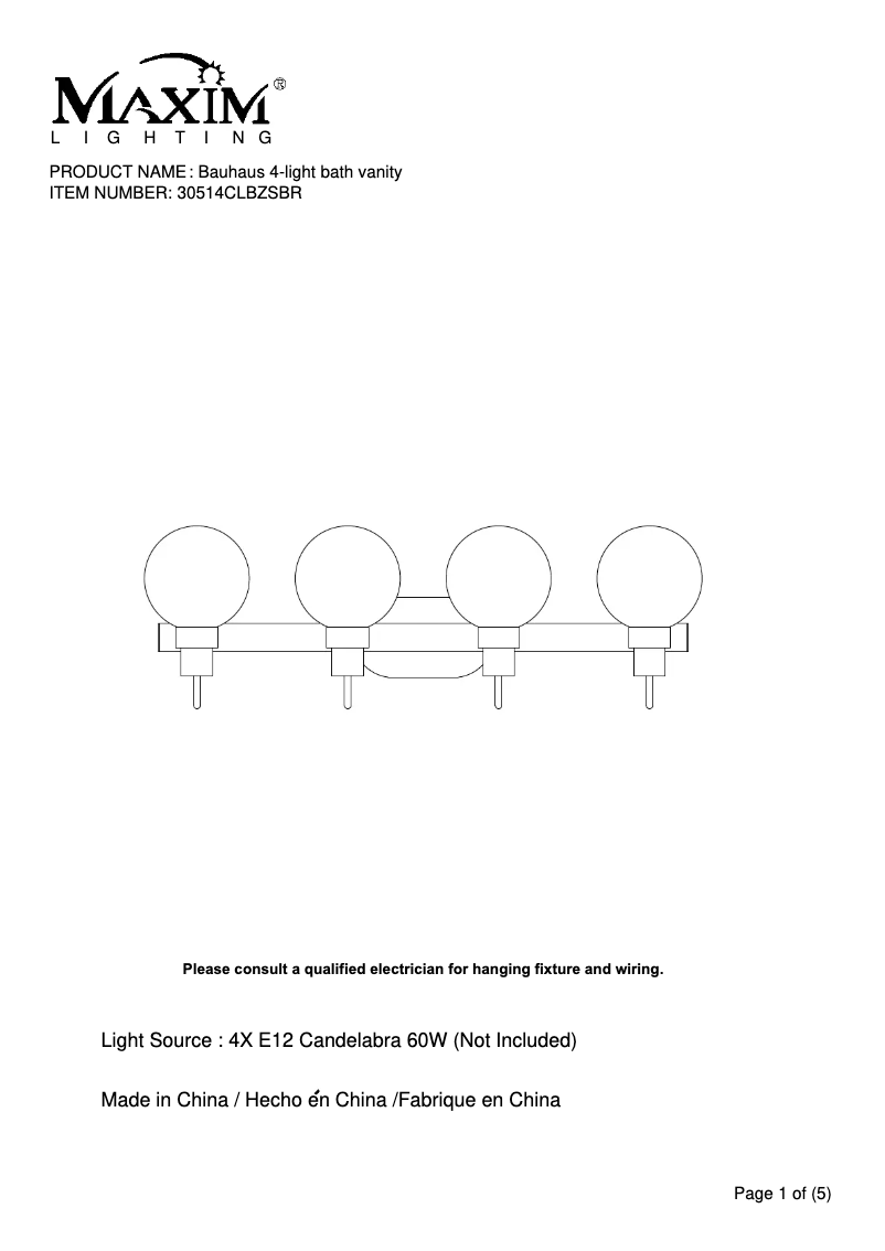 Page 1 de la notice Manuel utilisateur Maxim Bauhaus 30514CLBZSBR