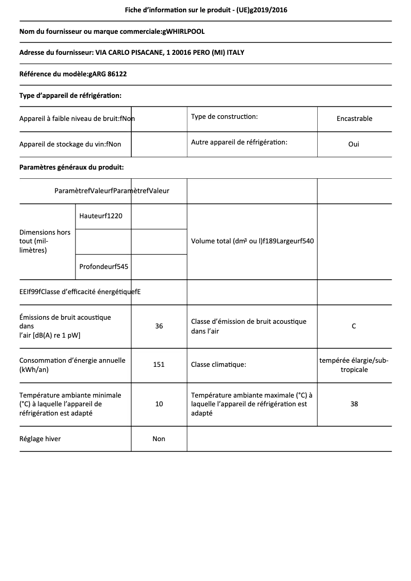 Image de la première page du manuel de l'appareil ARG 86122
