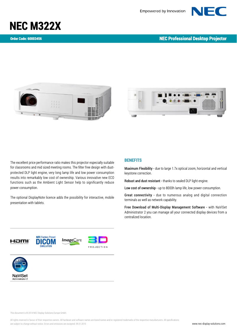 Page 1 de la notice Fiche technique NEC M322X