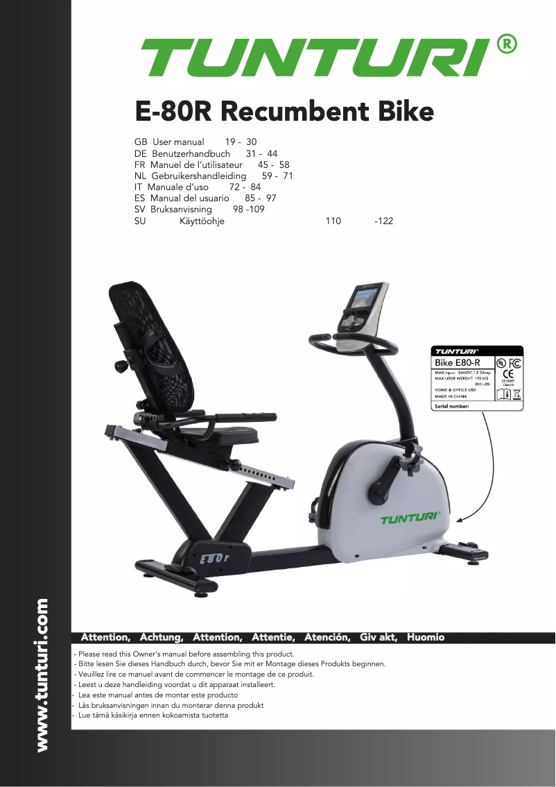 Page n°1 - Manuel utilisateur Tunturi Endurance E80-R