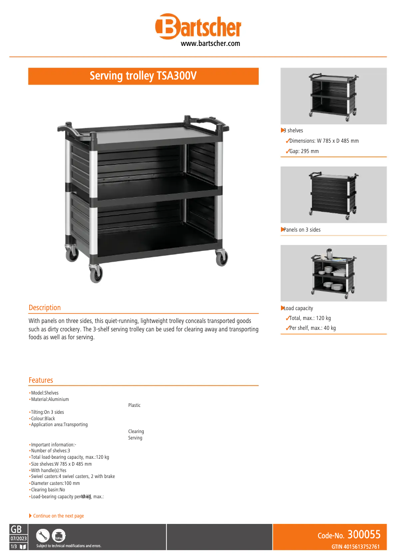 Page 1 de la notice Fiche technique Bartscher TSA300V