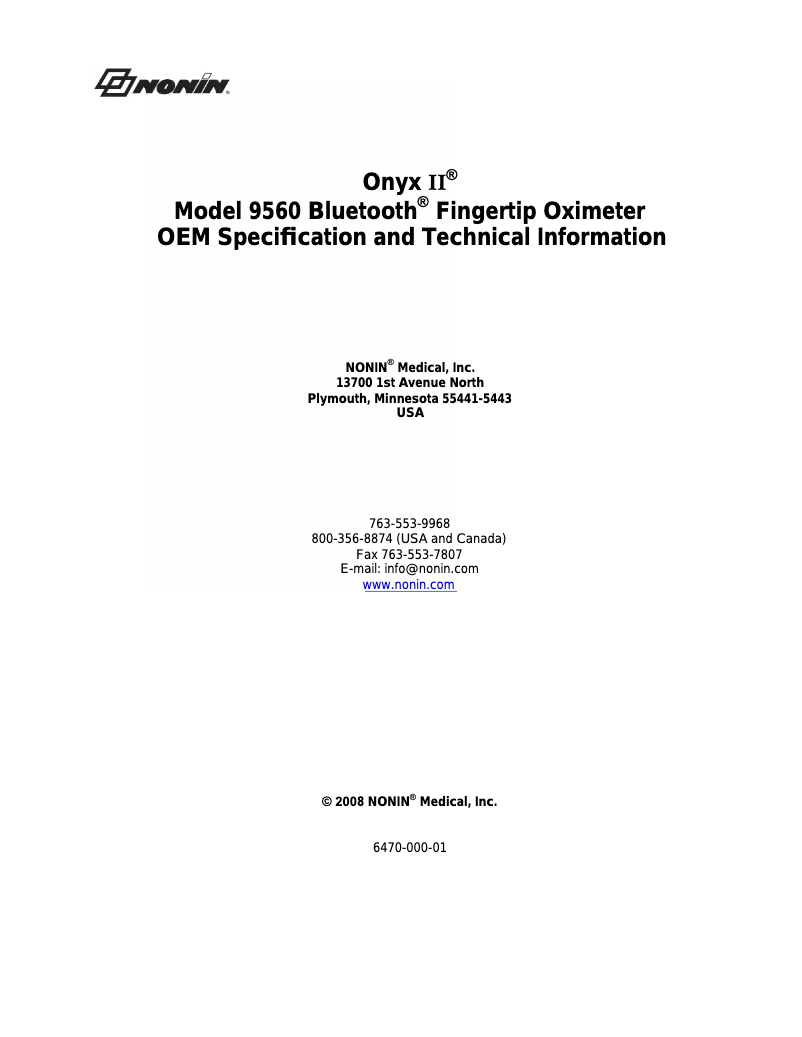 Page 1 de la notice Manuel utilisateur Nonin Onyx II 9560