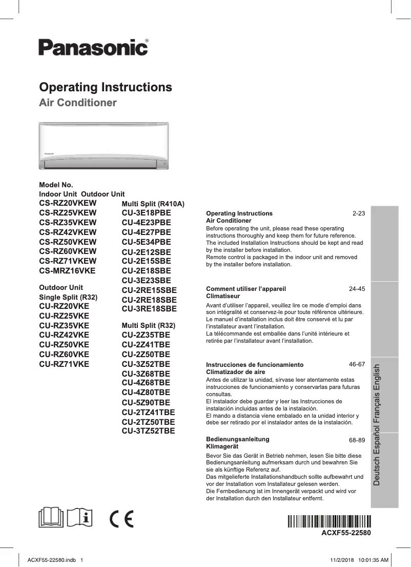 Page 1 de la notice Manuel utilisateur Panasonic CS-RZ71VKEW