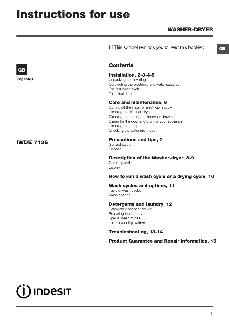 Page n°1 - Instructions / montage Indesit IWDE 7125 B (UK)