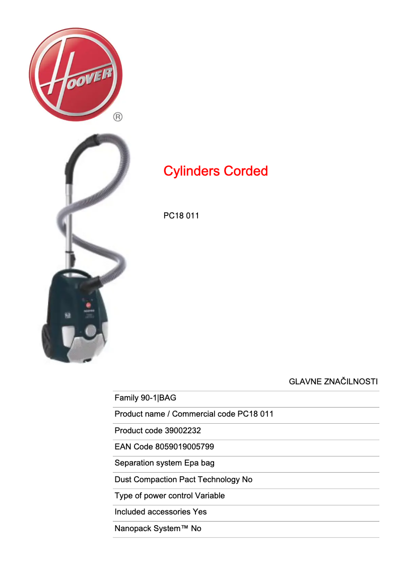 Page n°1 - Fiche technique Hoover Power Capsule PC18 011