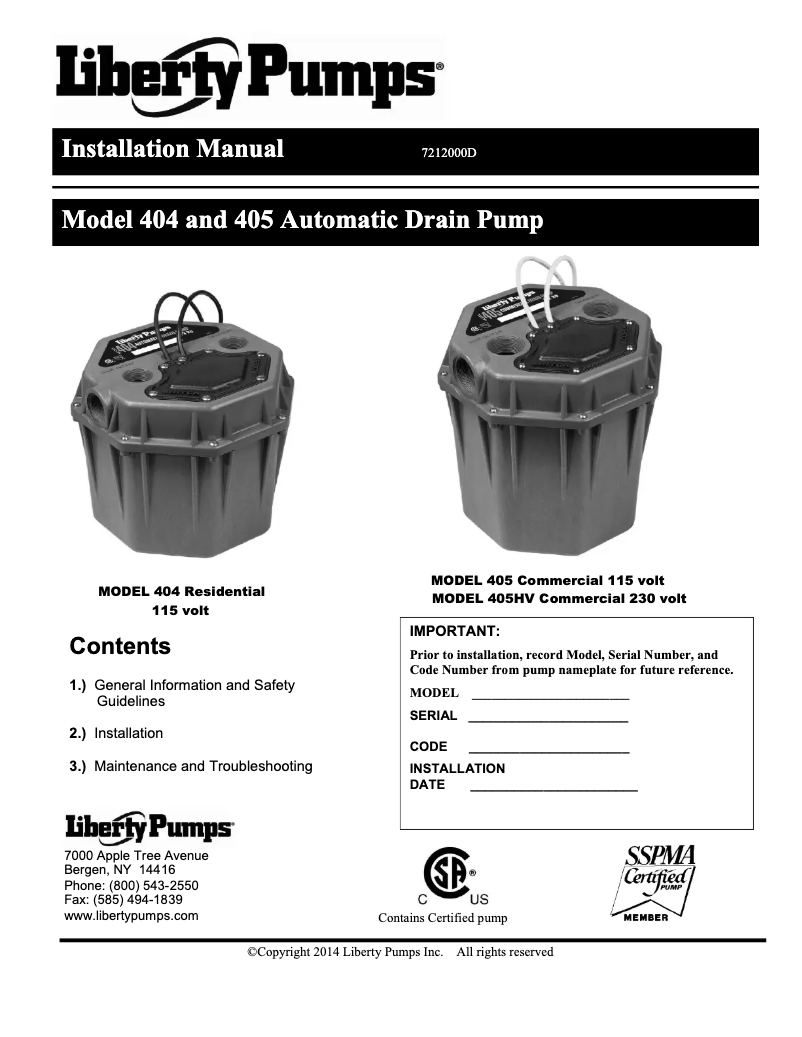 Page 1 de la notice Manuel utilisateur Liberty Pumps 405HV