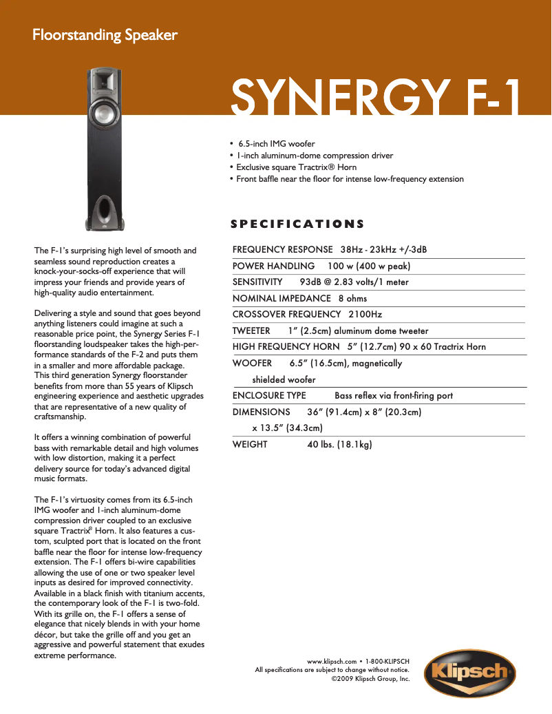 Page 1 de la notice Fiche technique Klipsch F-1