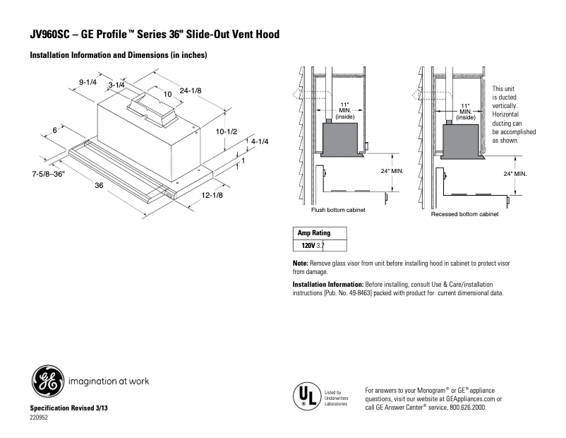Page 1 de la notice Fiche technique GE JV960SCBR