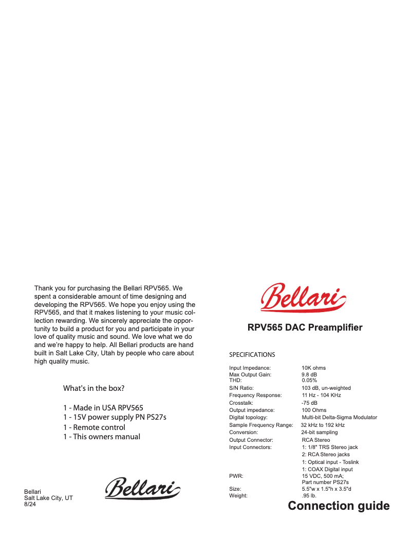 Page n°1 - Manuel utilisateur Bellari RPV565