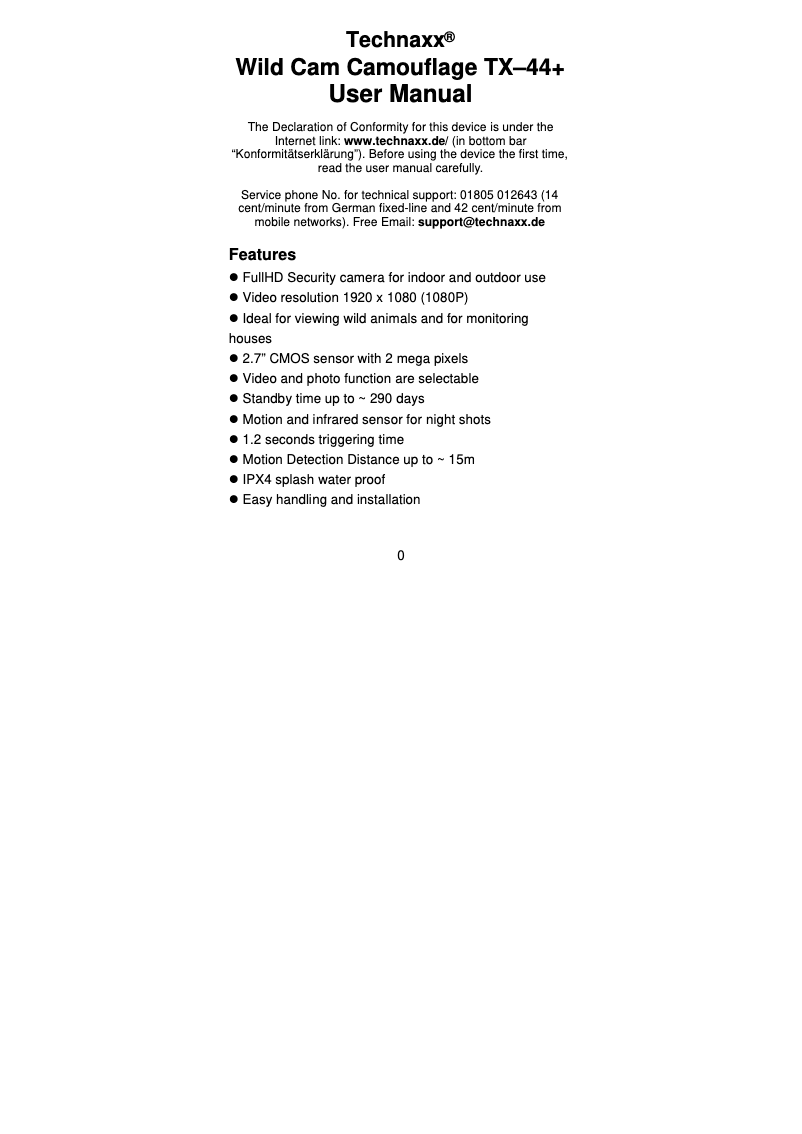 Page 1 de la notice Manuel utilisateur Technaxx Wild Cam Camouflage TX–44+