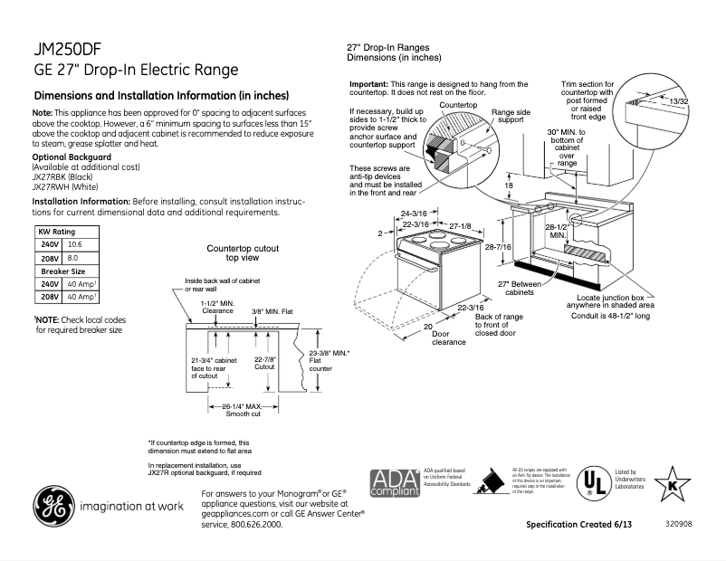 Page 1 de la notice Fiche technique GE JM250DFBB
