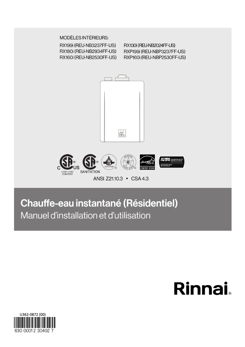 Page 1 de la notice Guide d'installation Rinnai RX160iN