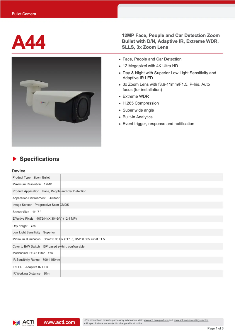 Page 1 de la notice Fiche technique ACTi A44