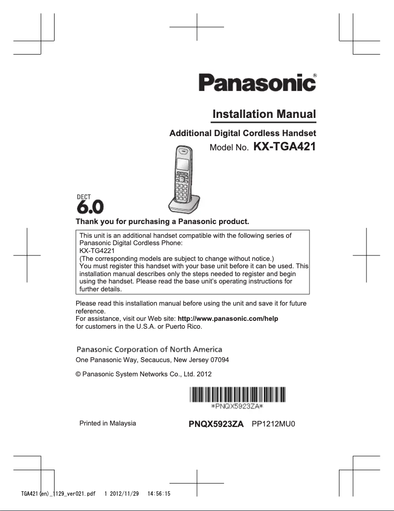 Page n°1 - Manuel utilisateur Panasonic KX-TGA421