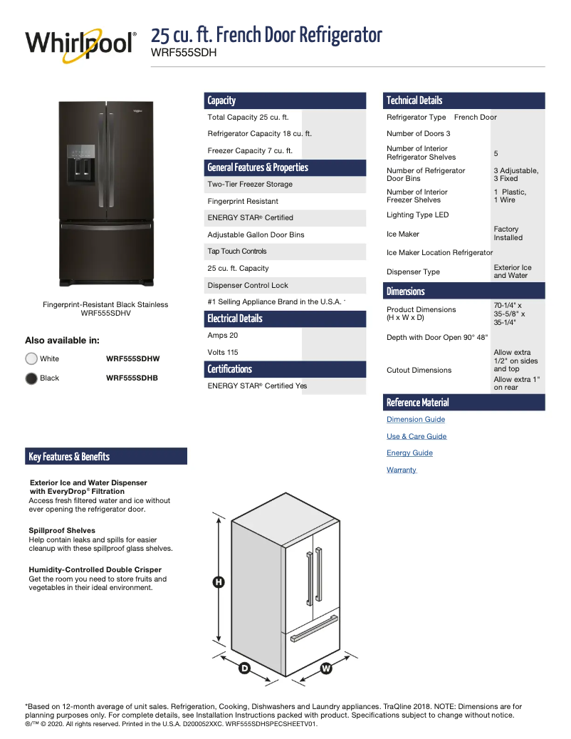 Page 1 de la notice Fiche technique Whirlpool WRF555SDHV