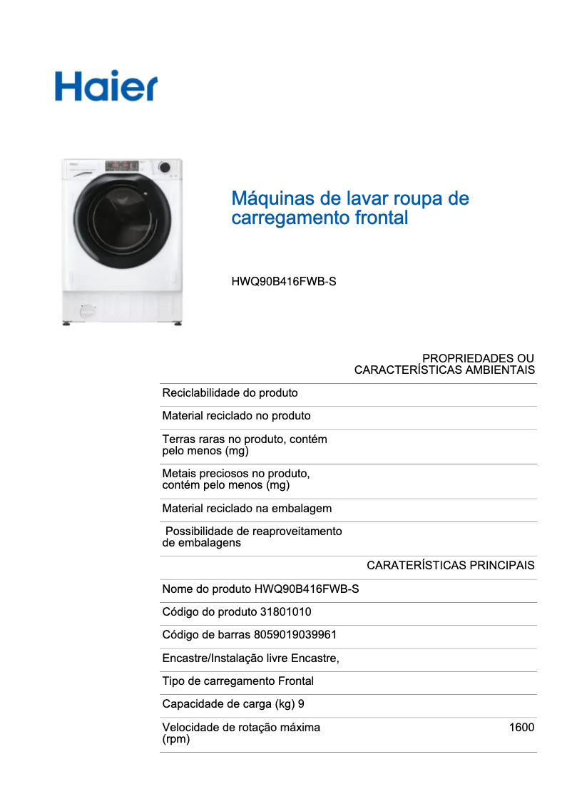 Image de la première page du manuel de l'appareil HWQ90B416FWB
