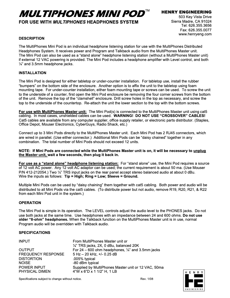 Page 1 de la notice Manuel utilisateur Henry Engineering MultiPhones Mini Pod