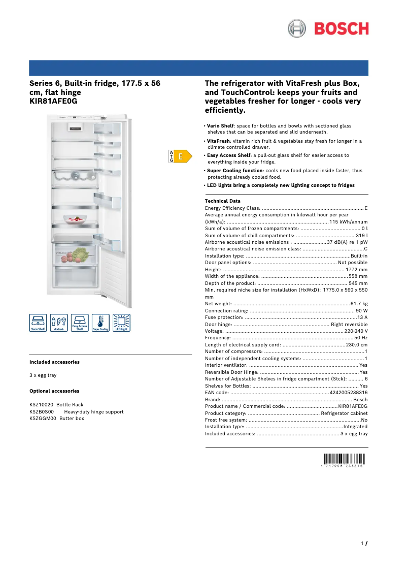 Page 1 of the manual Technical Sheet Bosch Serie 6 KIR81AFE0G