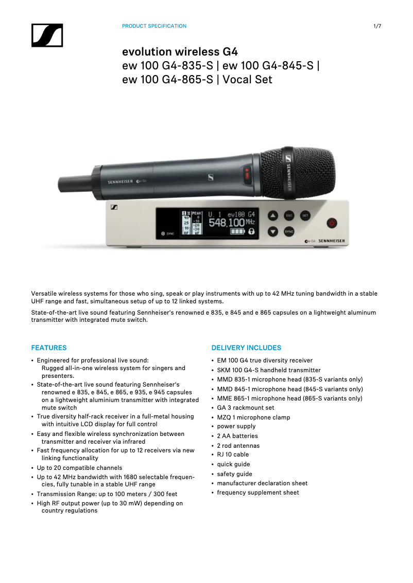 Page n°1 - Fiche technique Sennheiser ew 100 G4-835-S