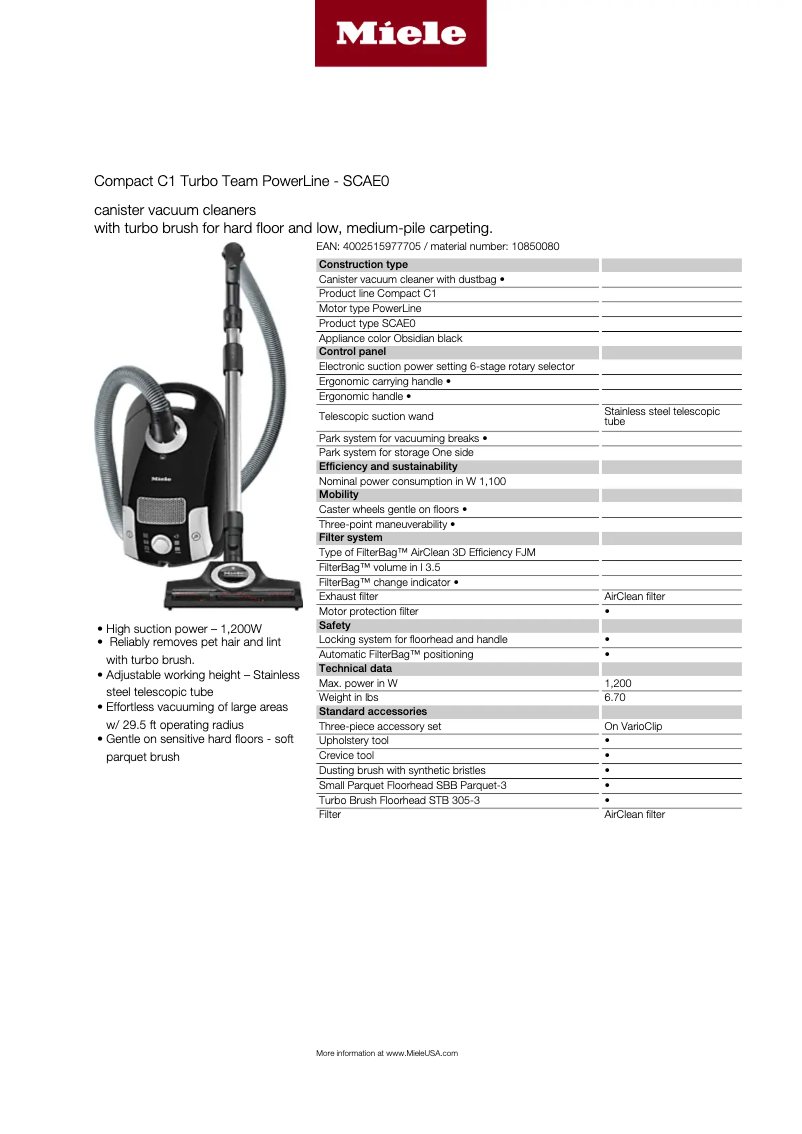 Page 1 de la notice Fiche technique Miele Compact C1 Turbo PowerLine