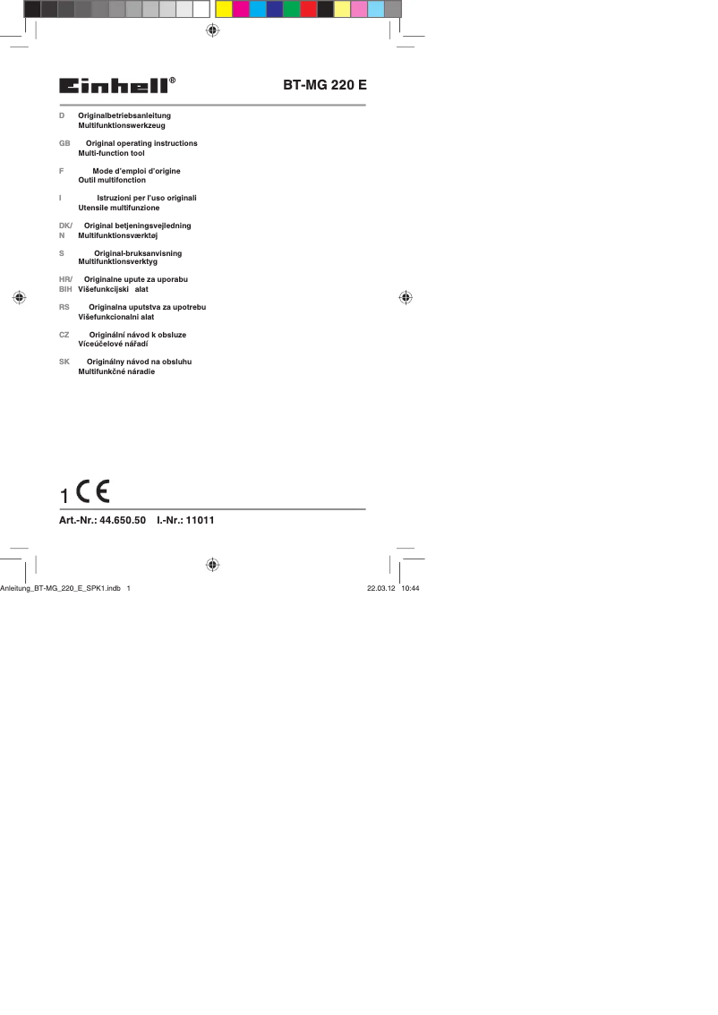 Page 1 de la notice Manuel utilisateur Einhell BT-MG 220 E