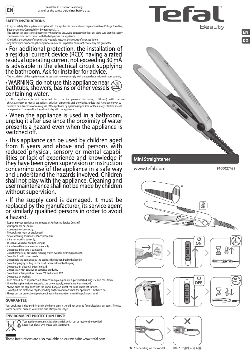Page 1 de la notice Manuel utilisateur Tefal Mini Straight HS1110