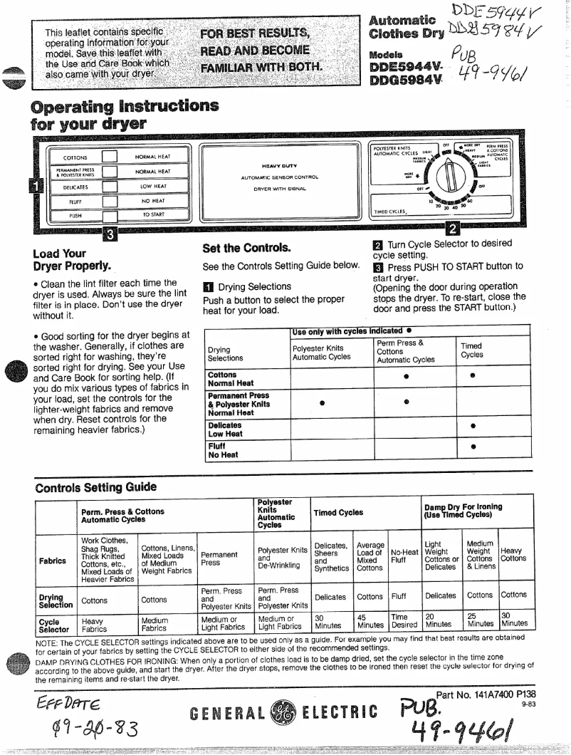 Page 1 de la notice Manuel utilisateur GE DDG5984V