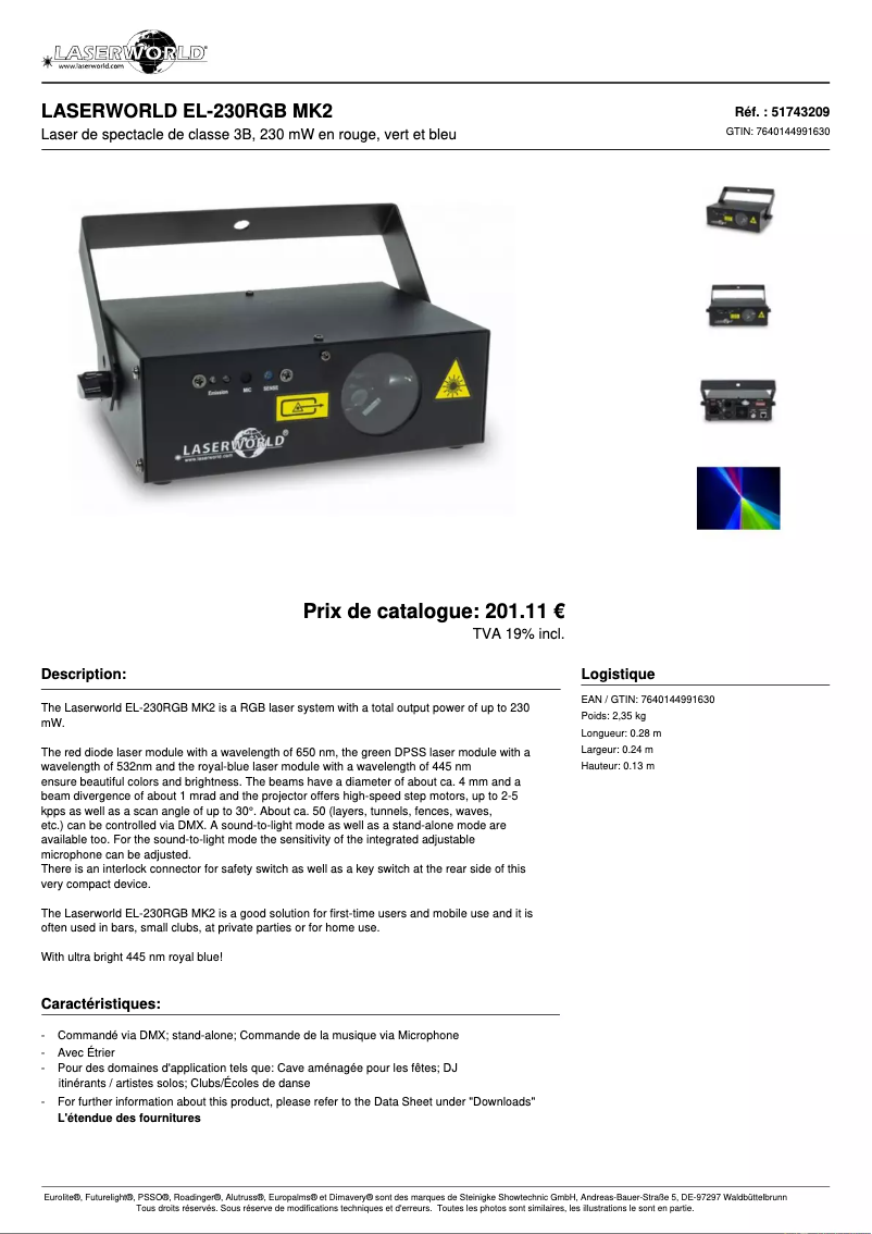 Page 1 de la notice Fiche technique Laserworld EL-230RGB MK2