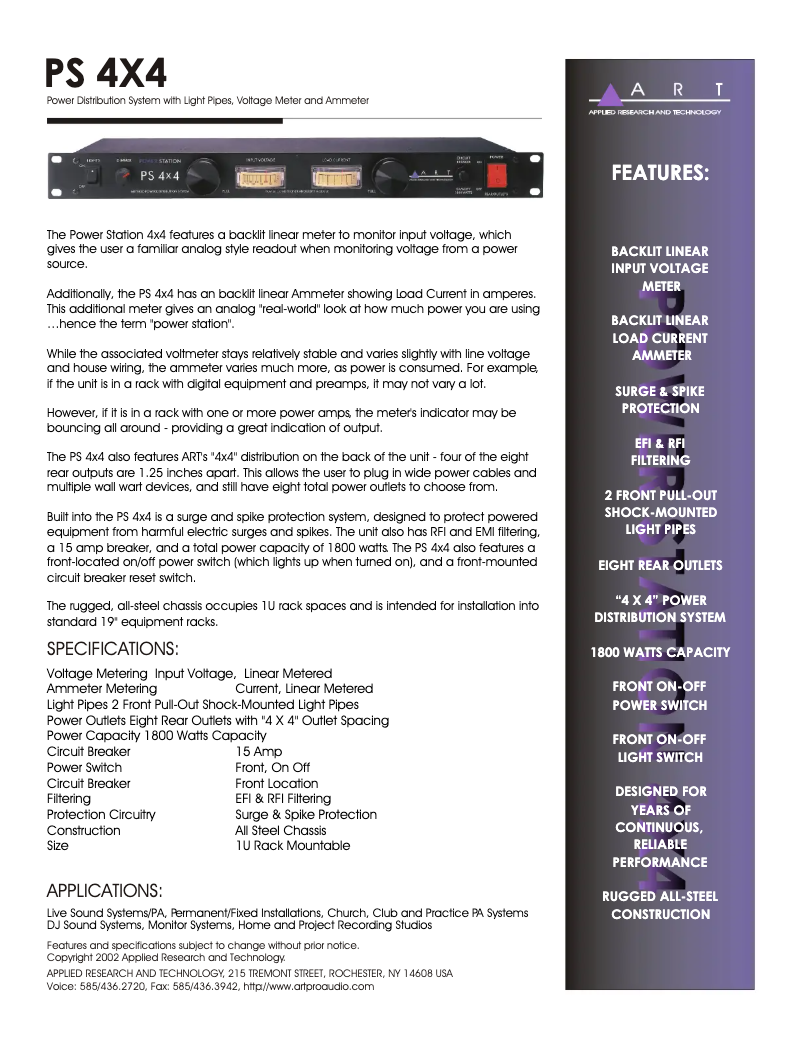 Page 1 de la notice Fiche technique ART PS4x4