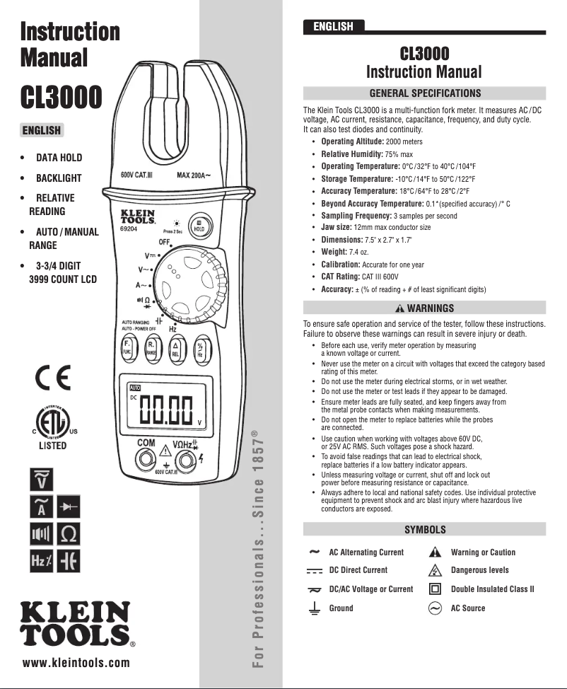 Page n°1 - Manuel utilisateur Klein Tools CL3000