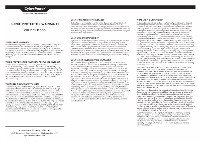 Page n°1 - Informations de garantie CyberPower CPUDC1U2000