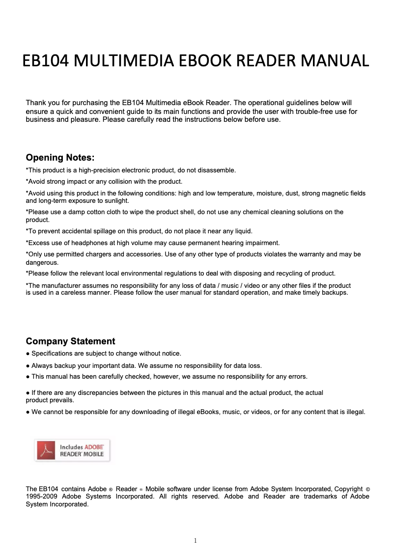 Page 1 de la notice Manuel utilisateur Ematic EB104