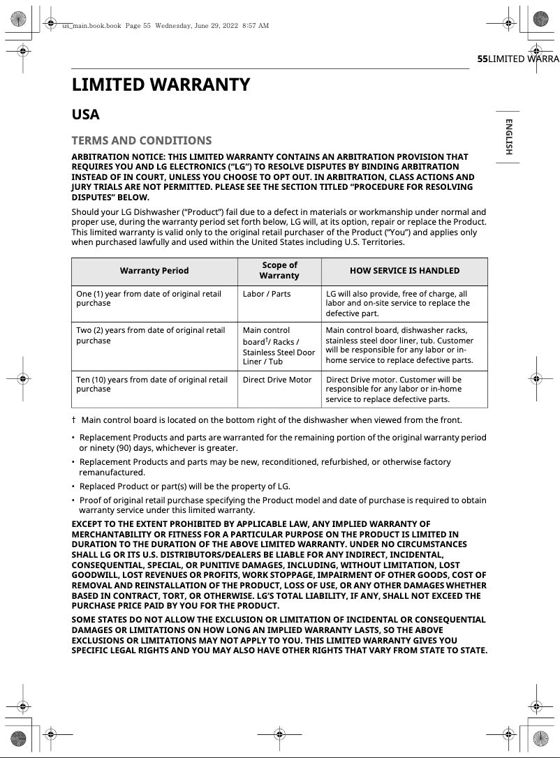 Page 1 de la notice Informations de garantie LG LDPH7972D