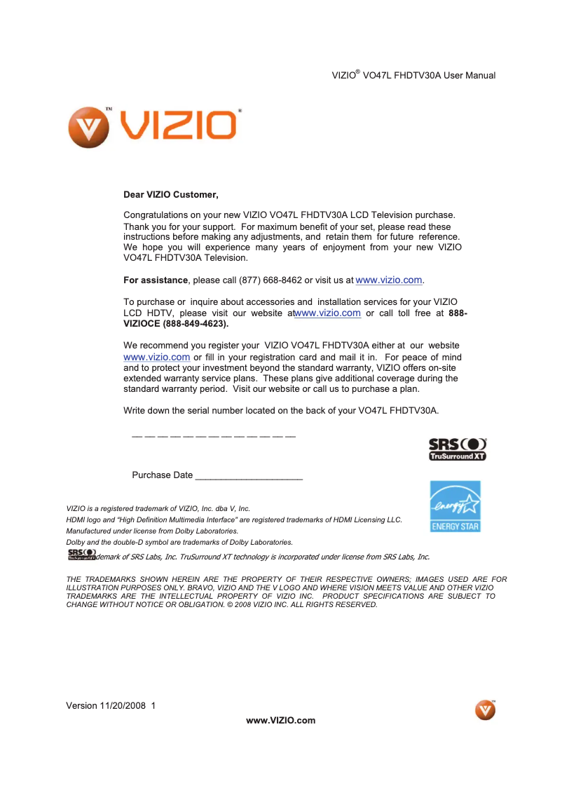 Page 1 de la notice Manuel utilisateur VIZIO VO47LFHDTV30A