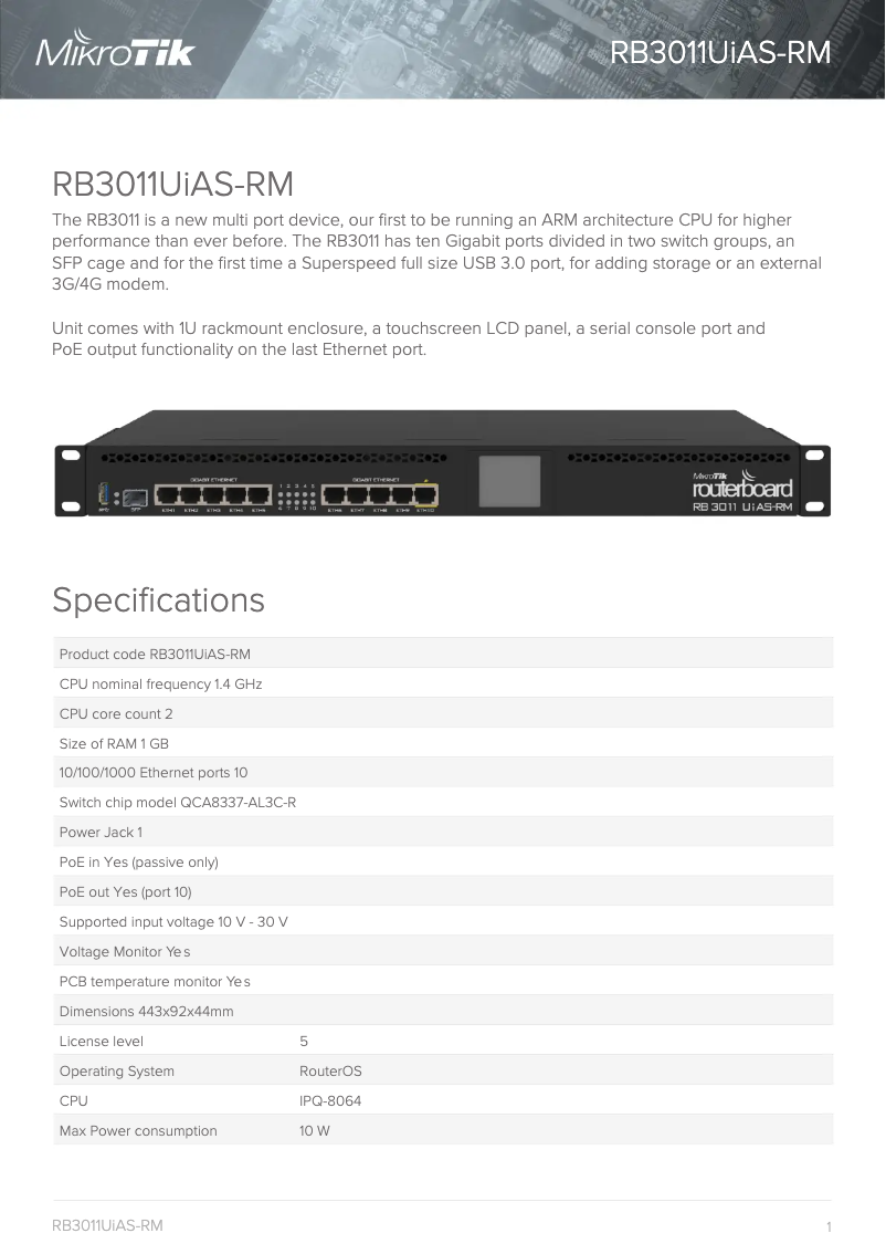 Page 1 de la notice Brochure Mikrotik RB3011UIAS-RM