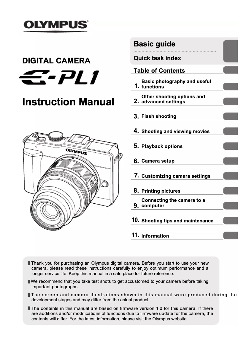 Image de la première page du manuel de l'appareil PEN E-PL1
