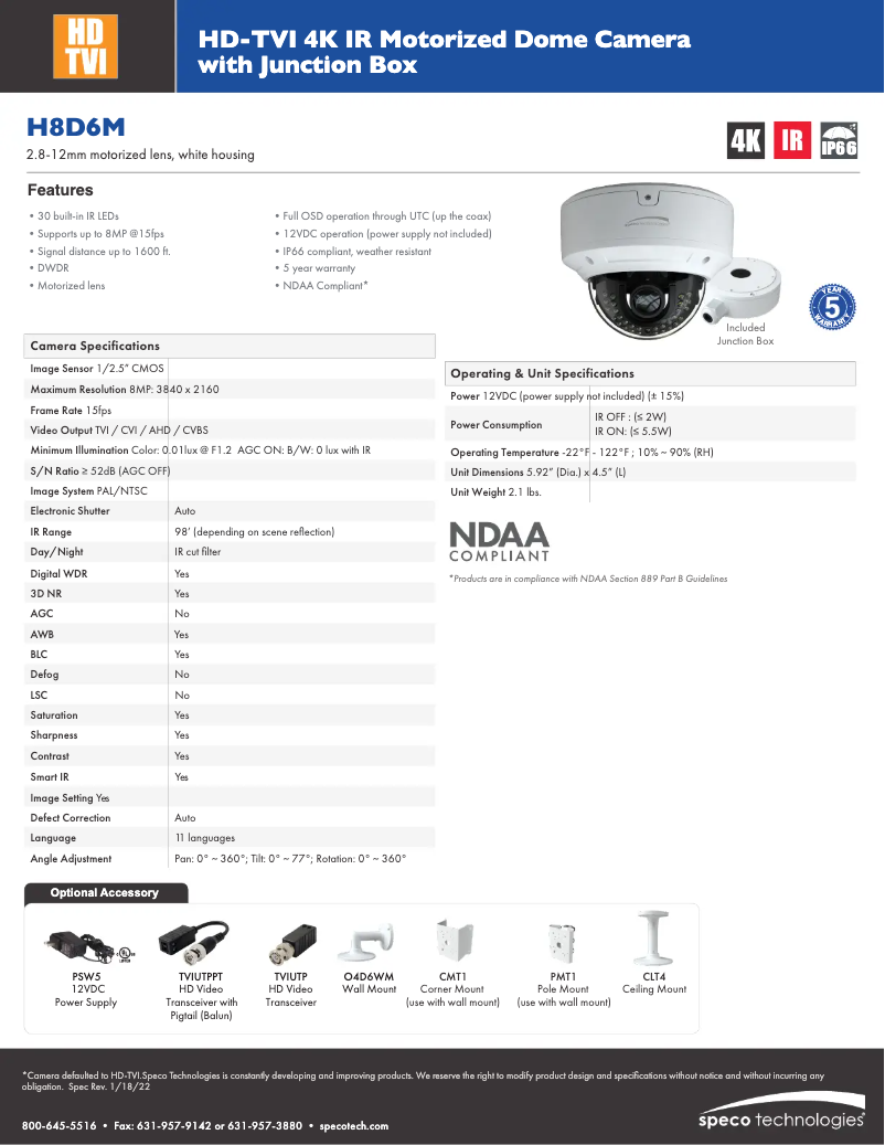 Page 1 de la notice Fiche technique Speco Technologies H8D6M