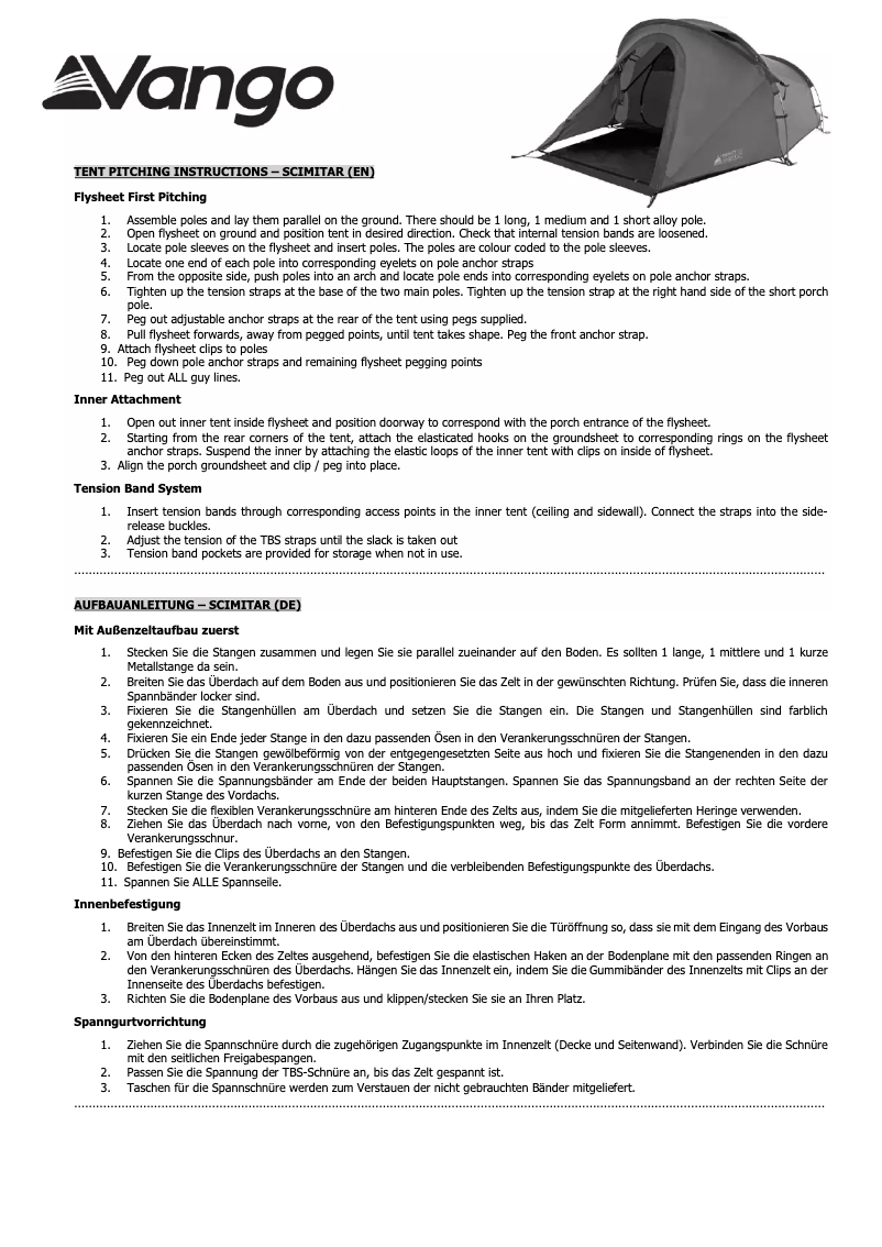 Page 1 de la notice Manuel utilisateur Vango Scimitar 200