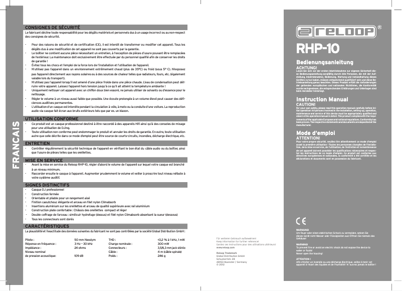 Page 1 de la notice Manuel utilisateur Reloop RHP-10